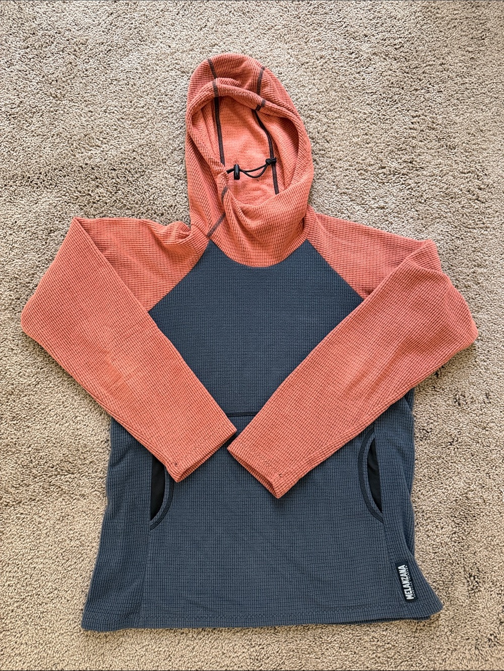 Melanzana Two-Tone Waffle Hoodie in Rust and Charcoal